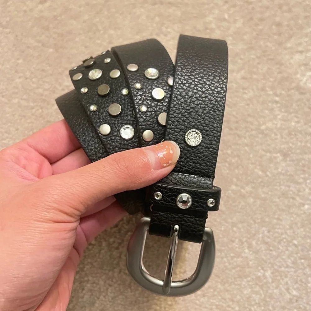 Black Studded Leather Belt with Silver Buckle